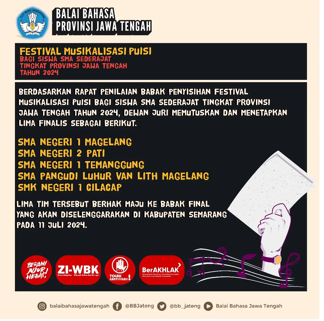 Pengumuman pemenang babak penyisihan Festival Musikalisasi Puisi 2024